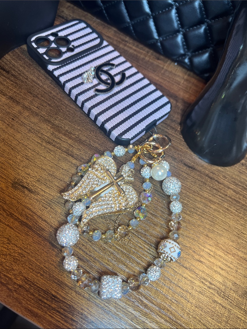 Wristlet Phone Attachments  with Crystal Angel Wing  and Sparkling Charms.